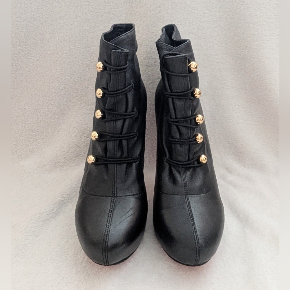 Christian Louboutin Vintage Soft Black Heeled Ankle Boots with Gold Buttons - Picture 3 of 9